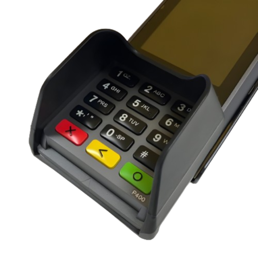 Cache code de protection visuelle installé sur un Pinpad Verifone P400, recouvrant les bords du clavier pour sécuriser la saisie du code confidentiel du client.