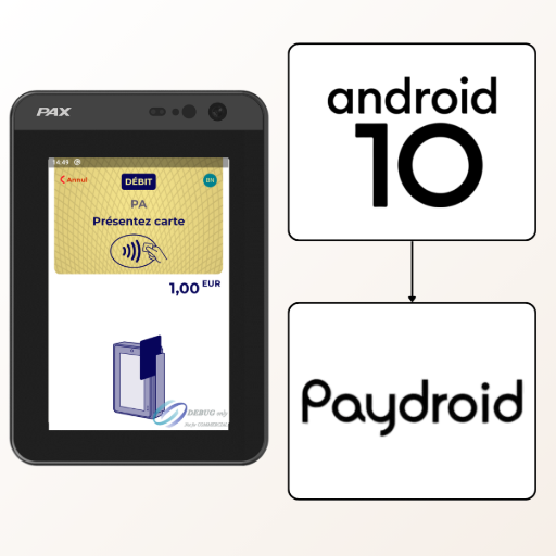 L'image met en avant le système d'exploitation du terminal de paiement PAX IM25. Sur la gauche, le terminal est représenté avec son écran affichant une transaction en attente de carte. À côté, deux cadres noirs sur fond blanc contiennent respectivement le logo "android 10" et le logo "Paydroid", avec une flèche les reliant au terminal, illustrant que Paydroid est basé sur Android 10 et équipe le PAX IM25. Le texte à droite de l'image, intitulé "PAX IM25 : Système d'exploitation PayDroid basé sur Android 10", explique que le terminal pour automate PAX IM25 fonctionne sous PayDroid, un système d'exploitation spécifiquement modifié et sécurisé pour les environnements de paiement automatisés, dérivé d'Android 10. Ce n'est pas seulement un lecteur de carte, mais une plateforme intelligente qui s'intègre facilement dans un automate. Grâce à PayDroid, l'IM25 offre une flexibilité d'intégration sans précédent, permettant de personnaliser l'expérience de paiement. La sécurité est renforcée par un protocole de sécurité rigoureux (PCI PTS 6.x SRED), essentiel pour les paiements automatisés, assurant la conformité et la protection des transactions. Le système offre également des possibilités de personnalisation et d'évolutivité grâce à sa plateforme ouverte, permettant de développer des applications pour la gestion de programmes de fidélité, de messages personnalisés ou d'autres fonctionnalités métiers. Enfin, le terminal intègre nativement la gestion à distance avec MaxStore (anciennement PAXSTORE), la plateforme de gestion à distance de PAX France, qui permet d'accéder au catalogue logiciel, d'assurer la supervision des terminaux, l'assistance technique et le dépannage à distance (ce service est commercialisé séparément). En somme, c'est une plateforme technique ouverte qui évolue avec les besoins de l'utilisateur.