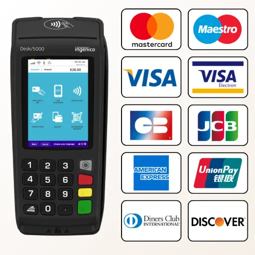 tpe Ingenico Desk 5000 cartes de paiement compatibles Cette image présente le terminal de paiement mobile PAX A99 et l'impressionnante gamme de cartes de paiement avec lesquelles il est compatible. Le visuel confirme que ce TPE accepte un très grand nombre de cartes, incluant les réseaux majeurs comme Visa, Mastercard, CB et American Express, mais aussi Maestro, Visa Electron, JCB, UnionPay, Diners Club et Discover.