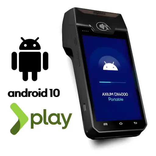 TPE Ingenico DX4000 Axium avec Android 10 L'image montre le terminal de paiement Ingenico DX4000 aux côtés des logos 'Android 10' et 'Google Play'. Le texte à droite, titré 'Android 10 : Un concentré d'innovations pour un terminal de paiement plus performant', explique que le fonctionnement sous Android 10 permet d'accéder à un 'large panel d'applications' (fidélité, suivi de vente, gestion) pour optimiser les transactions. Une seconde section, 'Personnalisation via des applications innovantes', précise que les commerçants peuvent télécharger ces outils directement depuis le Google Play Store. Cela inclut des systèmes avancés de suivi des ventes et d'analyse, offrant une flexibilité et une meilleure adaptation aux attentes modernes.