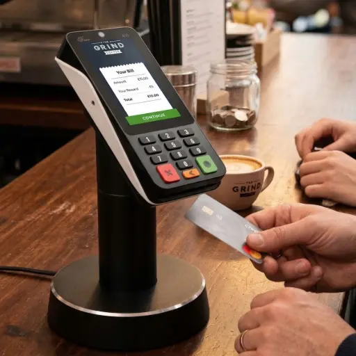 PAX A35 en situation sur un comptoir de restaurant. Le terminal est sur un support lui permettant d'être à hauteur des clients.
