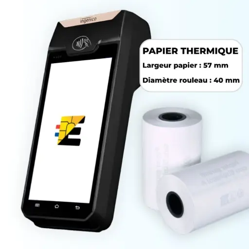 Format universel compatible : Bobines thermiques standards Largeur 58mm / Diamètre 40mm. Schéma technique bobine papier thermique 58mm x 40mm pour terminal de paiement.