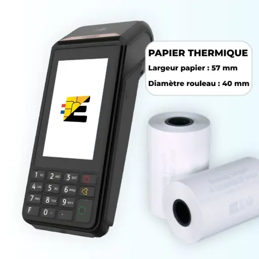 Format universel compatible : Bobines thermiques standards Largeur 58mm / Diamètre 40mm. Schéma technique bobine papier thermique 58mm x 40mm pour terminal de paiement.