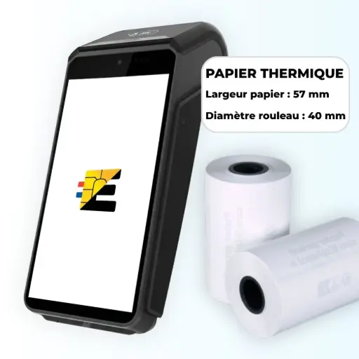 Format universel compatible : Bobines thermiques standards Largeur 58mm / Diamètre 40mm. Schéma technique bobine papier thermique 58mm x 40mm pour terminal de paiement.