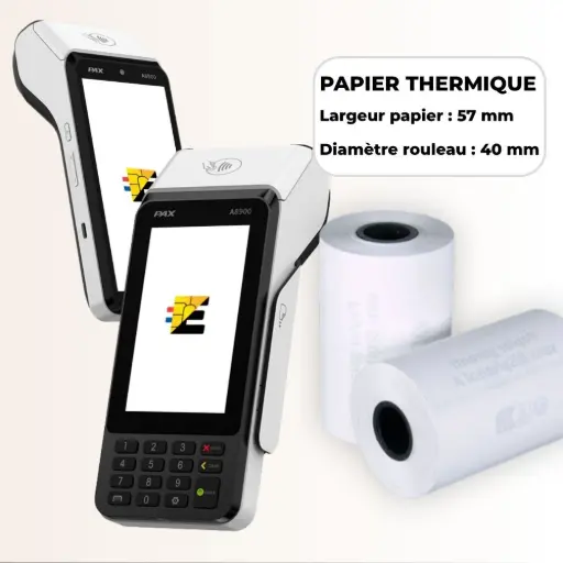 Schéma technique bobine papier thermique 58mm x 40mm pour terminal de paiement.