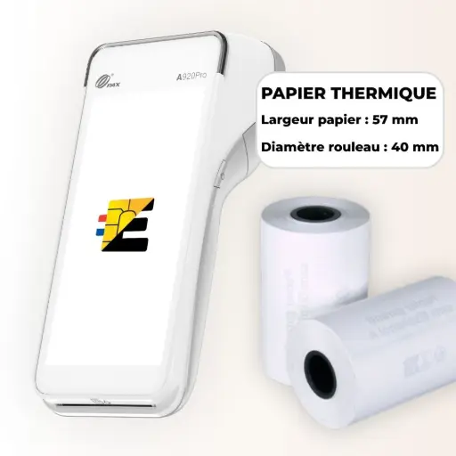 Format universel compatible : Bobines thermiques standards Largeur 58mm / Diamètre 40mm. Schéma technique bobine papier thermique 58mm x 40mm pour terminal de paiement.