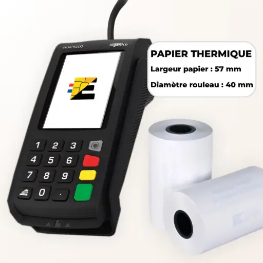 Format universel compatible : Bobines thermiques standards Largeur 58mm / Diamètre 40mm. Schéma technique bobine papier thermique 58mm x 40mm pour terminal de paiement.