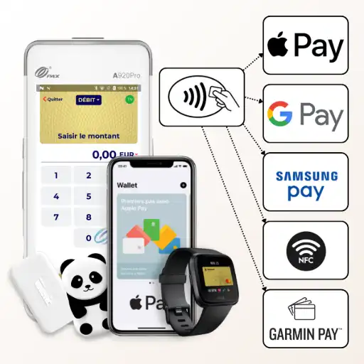 tpe pax a920 pro paiement sans contact compatibles Cette image démontre comment le PAX A920 Pro, en tant que terminal haut de gamme, offre une expérience d'encaissement moderne et ultra-rapide en acceptant tous les types de paiements sans contact. Conçu pour ne plus faire attendre vos clients, il intègre la technologie NFC pour une compatibilité maximale. Comme le montre le visuel, il prend en charge les cartes bancaires classiques, mais aussi les paiements mobiles via smartphone (Apple Pay, Google Pay, Samsung Pay) et montre connectée (Garmin Pay). Fidèle à son positionnement à la pointe, il accepte même les solutions les plus innovantes comme le Money Walkie, le porte-monnaie connecté pour les plus jeunes. En optant pour le PAX A920 Pro, vous optimisez la fluidité de vos transactions et positionnez votre commerce comme une entreprise moderne, prête à satisfaire toutes les habitudes de paiement de vos clients.