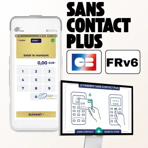 tpe pax a920 pro sans contact plus disponible Cette image montre comment le PAX A920 Pro, en tant que terminal haut de gamme, optimise l'efficacité en caisse grâce au 'Sans contact plus'. Déverrouillée par la norme monétique FRv6, cette fonctionnalité majeure vous permet de gagner un temps précieux. Le principe, illustré par le schéma, est simple : même pour un paiement supérieur à 50 €, le client présente simplement sa carte au terminal, qui demande alors uniquement la saisie du code PIN. Fini le temps perdu à insérer la carte dans le lecteur. En rendant chaque transaction de montant élevé plus rapide et plus fluide, le PAX A920 Pro vous permet d'offrir une expérience d'achat résolument moderne, d'améliorer la satisfaction client et de simplifier votre quotidien.