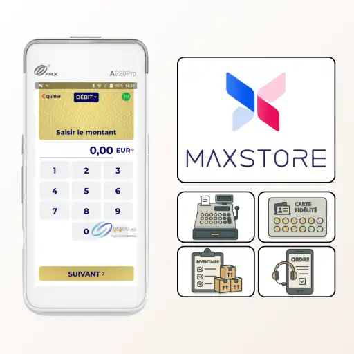 tpe pax a920 pro ecosystème d'applications maxstore Cette image illustre comment le MAXSTORE, l'écosystème d'applications Android de PAX, transforme le terminal haut de gamme PAX A920 Pro en un outil de gestion puissant et polyvalent. Fonctionnant comme une boutique d'applications dédiée, le MAXSTORE vous permet d'accéder à un catalogue complet de logiciels métiers pour optimiser votre productivité. Comme le montrent les icônes, vous pouvez télécharger des outils essentiels tels que des applications de gestion de caisse, des programmes de fidélisation client, des solutions pour la gestion des stocks, ou encore des applications pour la prise de commande. Grâce au MAXSTORE, votre PAX A920 Pro n'est plus seulement un terminal de paiement, mais un véritable assistant numérique que vous pouvez personnaliser pour répondre aux besoins spécifiques de votre entreprise et gagner en efficacité.