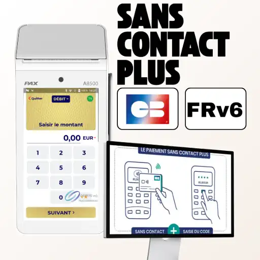 Cette image illustre la fonctionnalité "Sans contact +" du terminal de paiement PAX A8500, une évolution rendue possible par la nouvelle norme monétique FRv6. Le visuel met en avant les logos CB et FRv6 pour souligner cette capacité, qui permet d'effectuer des paiements sans contact même au-delà du plafond habituel de 50 €. Un schéma explicatif détaille le processus simple et rapide : le client approche sa carte du terminal, et si le montant est élevé, l'appareil l'invite directement à saisir son code PIN sur le clavier, éliminant ainsi le besoin d'insérer la carte dans le lecteur. Cette technologie, comme le précise le texte, fluidifie les transactions de montants plus importants, offrant un gain de temps considérable et une meilleure expérience pour le client.