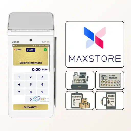 L'image montre le terminal de paiement de comptoir PAX A8500 blanc, avec son grand écran vertical. À sa droite, un schéma illustre l'écosystème 'MAXSTORE', montrant son logo au-dessus de quatre icônes représentant la gestion de caisse, la fidélisation, l'inventaire et la prise de commande. Le texte à droite, titré 'MAXSTORE : L'Écosystème d'applications de PAX France', présente le MAXSTORE comme la plateforme innovante conçue par PAX Technology pour libérer le potentiel du terminal PAX A8500. Il donne accès à un 'catalogue complet d'applications logicielles' développées pour le système Android de l'appareil. Il est précisé que l'accès au portail MAXSTORE 'nécessite une souscription à un service dédié, disponible séparément'. Le texte liste ensuite les outils essentiels fournis pour la productivité : applications de 'gestion de caisse et de point de vente', outils de 'fidélisation client', solutions d''inventaire et de gestion des stocks', et applications pour la 'prise de commande ou la réservation'. Il conclut en affirmant que le MAXSTORE transforme le PAX A8500 en un outil 'puissant et polyvalent'.
