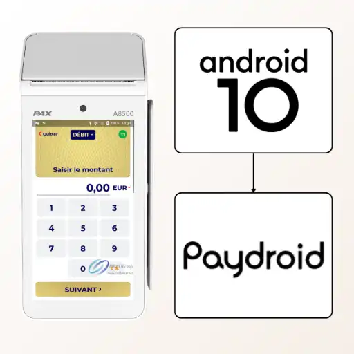 L'image montre le terminal de paiement de comptoir PAX A8500 blanc. Son grand écran tactile vertical affiche une application de commande, montrant une photo de café et un gobelet à emporter. À droite de l'appareil, un schéma illustre sa plateforme logicielle : le logo 'android 10' pointe vers le logo 'Paydroid'. Le texte à droite, titré 'Le PAX A8500 : la puissance d'Android pour votre commerce', décrit le terminal comme une 'évolution significative' par rapport aux TPE classiques. Il fonctionne sous le système d'exploitation 'PayDroid', une solution 'ultra-sécurisée basée sur Android'. Cette technologie offre une 'interface utilisateur moderne et intuitive', transformant le PAX A8500 en un 'véritable centre de gestion'. Le texte précise que son 'architecture ouverte' donne accès à une large gamme d''applications métiers' sur le 'MAXSTORE' (la boutique d'applications officielle de PAX), permettant de le personnaliser (logiciel de fidélisation, gestion des stocks, etc.). Il conclut que le PAX A8500 est une 'solution durable' garantissant 'adaptabilité et efficacité'.