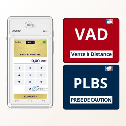 tpe pax a50 plbs et vad inclues L'image montre le terminal de paiement mobile PAX A50 blanc, à côté de deux grands visuels : un rouge pour 'VAD (Vente à Distance)' et un bleu pour 'PLBS (Prise de caution)'. Le texte à droite, titré 'VAD et PLBS Inclus de base sur tous les terminaux PAX', explique que chaque TPE PAX inclut l''application de paiement native PAX FRv6', qui est une véritable plateforme de paiement intégrant ces fonctionnalités avancées par défaut. Le texte détaille ensuite ces 'fonctionnalités de paiement avancées'. La 'Vente à distance (VAD)' est décrite comme une fonction permettant de saisir manuellement les 16 chiffres de la carte d'un client au téléphone, un atout 'indispensable pour les fleuristes' par exemple. Le 'Paiement pour la Location de Biens et Services (PLBS)' est une fonction permettant de 'prendre une caution' simplement, puis de décider au retour du matériel s'il faut débiter ou non le montant. Le texte conclut en précisant que ce ne sont pas des options coûteuses, mais des 'atouts inclus nativement' dans l'application PAX FRv6.