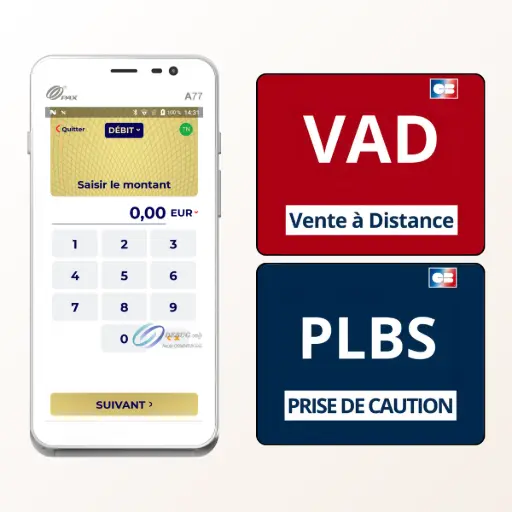 L'image montre le terminal de paiement blanc PAX A77 à côté de deux grands visuels : un bleu pour 'PLBS (Prise de caution)' et un rouge pour 'VAD (Vente à Distance)'. Le texte à droite, titré 'VAD et PLBS Inclus de base sur tous les terminaux PAX', explique que chaque TPE PAX inclut l''application de paiement native PAX FRv6', qui intègre ces fonctionnalités avancées par défaut. Le texte détaille ensuite ces 'fonctionnalités de paiement avancées'. La 'Vente à distance (VAD)' est décrite comme une fonction permettant de saisir manuellement les 16 chiffres de la carte d'un client au téléphone, une fonctionnalité idéale pour les fleuristes. Le 'Paiement pour la Location de Biens et Services (PLBS)' est une fonction permettant de 'prendre une caution' simplement, puis de décider au retour du matériel s'il faut débiter ou non le montant de la caution. Le texte conclut en précisant que ce ne sont pas des options coûteuses, mais des 'atouts inclus nativement' dans l'application PAX FRv6.