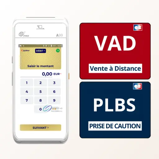 tpe pax a99 plbs et vad incluses Cette image rappelle que tous les terminaux de paiement PAX, y compris le A99 ici présenté, intègrent de base deux fonctionnalités de paiement avancées très pratiques : la Vente à Distance (VAD) et la Prise de Caution (PLBS). Disponibles nativement grâce à l'application PAX FRv6, ces outils offrent une grande flexibilité. La VAD (logo rouge) est idéale pour les ventes par téléphone, permettant de saisir manuellement les numéros de carte d'un client pour un encaissement à distance sécurisé. La PLBS (logo bleu) simplifie la gestion des cautions pour la location de biens, en permettant de prendre une empreinte bancaire et de ne la débiter que si nécessaire. Ces deux fonctionnalités puissantes ne sont pas des options coûteuses mais des atouts inclus en standard, offrant plus de flexibilité à tous les commerçants équipés en PAX.