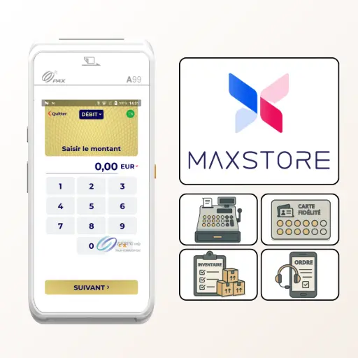 TPE pax a99 le maxstore, un ecosystème d'applications android complet Cette image présente le MAXSTORE, l'écosystème d'applications Android complet conçu pour libérer tout le potentiel de votre terminal de paiement PAX A99. Fonctionnant comme une boutique d'applications, le MAXSTORE vous donne accès à un catalogue complet de logiciels métiers spécifiquement développés pour le A99, le transformant en un véritable centre de commande. Comme l'illustrent les icônes, vous pouvez y télécharger des outils essentiels pour votre productivité, tels que des applications de gestion de caisse, des programmes de fidélisation client, des solutions pour la gestion des stocks, ou encore des applications pour la prise de commande. En résumé, le MAXSTORE transforme votre PAX A99 d'un simple TPE en un outil puissant et polyvalent que vous pouvez entièrement personnaliser pour l'adapter aux besoins précis de votre entreprise et optimiser votre efficacité au quotidien.