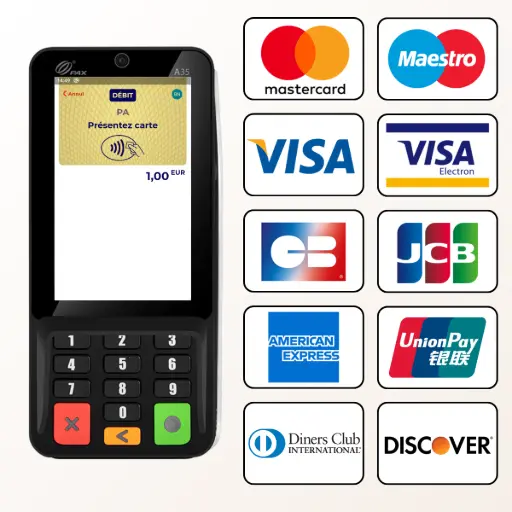 L'image présente le PIN Pad PAX A35, mettant en évidence sa compatibilité étendue avec une multitude de cartes de paiement. Sur la gauche, le PIN Pad est montré de face, avec son écran affichant une application de paiement invitant à "Présenter carte" pour "1,00 EUR", et un clavier numérique physique en dessous. À droite du PIN Pad, une mosaïque de dix logos de cartes bancaires est disposée en deux colonnes de cinq, représentant une large acceptation des moyens de paiement. On y voit les logos de Mastercard, Maestro, Visa, Visa Electron, CB (Cartes Bancaires), JCB, American Express, UnionPay, Diners Club International et Discover. Le texte à droite de l'image, intitulé "PIN PAD PAX A35 : Compatibilité étendue avec toutes les cartes de paiement", explique que le comptoir mérite une puissance d'encaissement sans limites. Le PIN Pad PAX A35 est conçu pour transformer la façon de traiter les transactions en garantissant une compatibilité universelle et une sécurité maximale. Il offre une compatibilité totale avec les géants du paiement comme VISA, Mastercard, CB (norme française), Maestro et Visa Electron. Pour l'ouverture internationale, il déverrouille l'acceptation des cartes premium telles qu'American Express, JCB, UnionPay et Discover. La technologie est "3-en-1" : la lecture de carte est garantie par puce (EMV), piste magnétique et, bien sûr, sans contact (NFC). Le résultat de ces fonctionnalités est des transactions ultra-rapides, toujours conformes aux certifications PCI PTS v6, offrant une confiance client inébranlable.