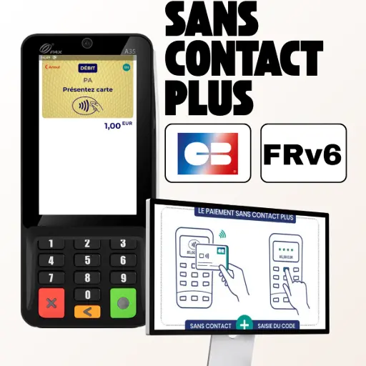 L'image illustre la capacité du PIN Pad PAX A35 à gérer les paiements sans contact, y compris les titres restaurant dématérialisés. Sur la gauche, le PIN Pad est montré de face, avec son écran affichant une application de paiement invitant à "Présenter carte" pour "1,00 EUR", et son clavier numérique physique en dessous. À côté, on voit le texte "SANS CONTACT PLUS" en lettres majuscules noires, avec en dessous les logos "CB" et "FRV6", soulignant la capacité du terminal à gérer des paiements sans contact au-delà des limites habituelles. Un schéma explicatif est superposé en bas de l'image, montrant deux étapes claires : d'abord, le client approche sa carte ou son téléphone ("SANS CONTACT"), puis le terminal affiche un clavier numérique pour la "SAISIE DU CODE". Le texte à droite de l'image, intitulé "Le PAX A35 : Indispensable pour les titres restaurant", explique qu'en France, l'acceptation des titres restaurant dématérialisés est vitale. Le PIN Pad PAX A35 est pré-certifié pour gérer cette complexité avec une simplicité déconcertante. Il permet de gérer tous les émetteurs majeurs : il est "CONECS-ready" pour une intégration transparente avec la plateforme de compensation pour une acceptation multi-émetteurs simplifiée. Il prend en charge les incontournables comme les cartes Edenred (Ticket Restaurant), Pluxee (nouveau nom de Sodexo) et Up (Chèque Déjeuner). De plus, il assure la compatibilité avec les nouveaux acteurs et solutions modernes comme Swile, Bimpli et même le paiement ludique Money Walkie. La gestion est "Zéro Complication" : le PAX A35 utilise sa fonction NFC pour lire ces cartes et accélérer le passage en caisse, offrant un service complet qui fidélise la clientèle professionnelle.