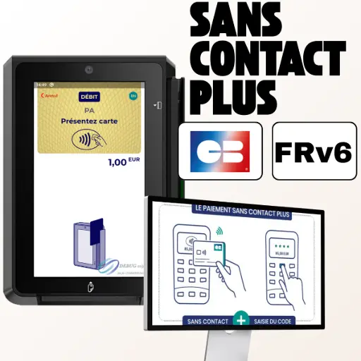 L'image illustre la fonctionnalité de paiement sans contact avec le terminal PAX IM30, spécifiquement pour les transactions de montant élevé. Sur la gauche, le terminal PAX IM30 est représenté avec son écran vierge affichant un logo stylisé "E" jaune et noir. À côté, on voit le texte "SANS CONTACT PLUS" en lettres majuscules noires, avec en dessous les logos "CB" et "FRV6", soulignant la capacité du terminal à gérer des paiements sans contact au-delà des limites habituelles. Un schéma explicatif est superposé en bas de l'image, montrant deux étapes claires : d'abord, le client approche sa carte ou son téléphone ("SANS CONTACT"), puis le terminal affiche un clavier numérique pour la "SAISIE DU CODE". Le texte à droite de l'image, intitulé "Un paiement sans contact, sans limite de montant", explique qu'avec le PAX IM30, les commerçants peuvent offrir une expérience de paiement digne des plus grands acteurs du marché. Grâce à son grand écran et à sa technologie de pointe, ce terminal pour automate permet d'effectuer des transactions d'un montant supérieur à 50 € sans que l'utilisateur n'ait à insérer sa carte. Le fonctionnement est simple et intuitif : après avoir approché sa carte ou son smartphone du terminal, l'appareil demande simplement au client de saisir son code PIN sur son grand écran tactile sécurisé. C'est un véritable atout pour l'automate, car la transaction est fluide, permettant au client de gagner du temps en évitant l'insertion de sa carte, même pour les achats importants. L'expérience est moderne, offrant une solution de paiement rapide, sécurisée et en accord avec les usages les plus récents des consommateurs. L'achat est facilité, car le client peut régler de gros montants, comme une recharge de véhicule électrique ou un abonnement, sans changer de mode de paiement.