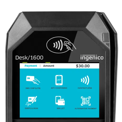 Ingenico Desk 1600 : Zone de paiement Sans Contact NFC pour cartes et mobile (Apple Pay, Google Pay).