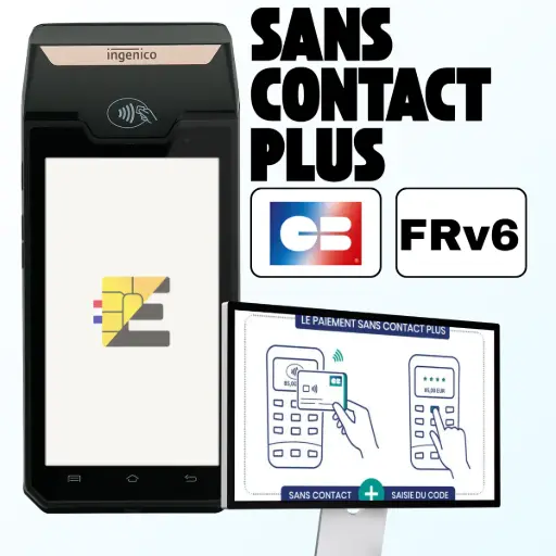 tpe ingenico DX4000 sans contact plus L'image montre le terminal de paiement fixe Ingenico DX4000. À ses côtés, un visuel affiche le titre en lettres capitales 'SANS CONTACT PLUS' avec les logos 'CB' et 'FRv6', accompagné d'un schéma illustrant le paiement sans contact suivi de la saisie du code. Le texte à droite, titré 'Découvrez le sans contact plus sur le DX4000', met en avant la technologie PIN Online (liée à la norme FRv6). Elle permet de révolutionner l'encaissement en acceptant les paiements sans contact pour les transactions dépassant 50€. Le fonctionnement est détaillé : le client pose sa carte et, si le montant dépasse le plafond standard, il compose simplement son code PIN sur l'écran, rendant l'insertion de la carte obsolète. Cette solution allie la vitesse du sans contact à la sécurité du code pour une fluidité et une modernité accrues au point de vente.