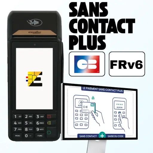 L'image montre le terminal de paiement Ingenico DX6000. À ses côtés, un visuel affiche le titre en lettres capitales 'SANS CONTACT PLUS' avec les logos 'CB' et 'FRv6', accompagné d'un schéma illustrant le paiement sans contact combiné à la saisie du code. Le texte à droite, titré 'DX6000 : Le Sans Contact Évolué avec la Norme FRv6 et le PIN Online', met en avant cette innovation qui transforme l'expérience de paiement. Grâce à la norme FRv6 et la technologie PIN Online, il est désormais possible de régler des montants supérieurs au plafond habituel de 50€ en sans contact. Le processus est simple : le client présente sa carte et, si le montant dépasse le seuil, il saisit son code PIN directement sur le clavier, sans avoir besoin d'insérer la carte. Cette fonctionnalité garantit rapidité et sécurité optimale.
