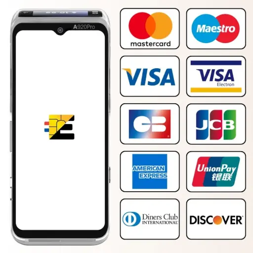 Cette image présente le PAX A920 Pro ICONIC, considéré comme le terminal de paiement haut de gamme de PAX, et met en avant l'un de ses atouts majeurs : sa compatibilité quasi-universelle avec les cartes de paiement. Conçu pour offrir une liberté de paiement totale à vos clients, il accepte non seulement les réseaux classiques indispensables comme Visa, Mastercard, CB et American Express, mais il va bien au-delà. Comme l'illustre la grille de logos, il prend également en charge de nombreuses cartes internationales telles que JCB, UnionPay, Diners Club, Discover, ainsi que les cartes de débit Maestro et Visa Electron. En choisissant ce terminal performant, vous vous assurez de ne jamais limiter votre clientèle, offrant une expérience de paiement sans friction qui modernise et renforce l'image de votre commerce.