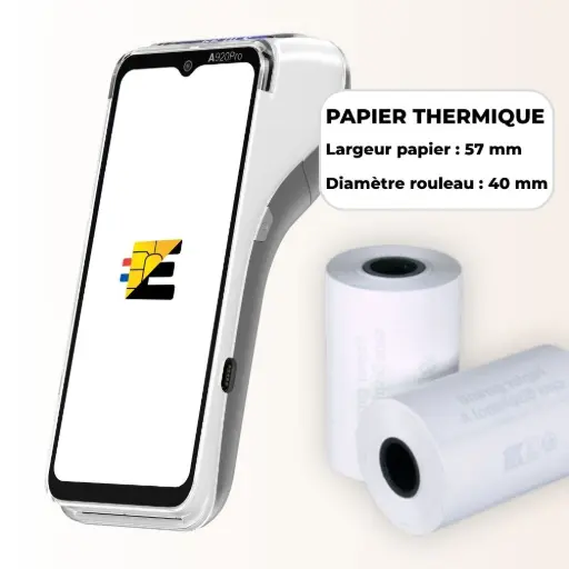 Schéma technique bobine papier thermique 58mm x 40mm pour terminal de paiement.