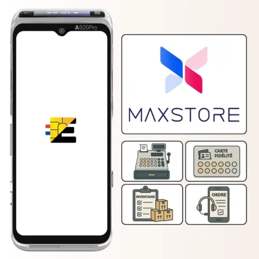 Cette image illustre comment le MAXSTORE, l'écosystème d'applications Android de PAX, transforme le terminal haut de gamme PAX A920 Pro ICONIC en un outil de gestion puissant et polyvalent. Fonctionnant comme une boutique d'applications dédiée, le MAXSTORE vous permet d'accéder à un catalogue complet de logiciels métiers pour optimiser votre productivité. Comme le montrent les icônes, vous pouvez télécharger des outils essentiels tels que des applications de gestion de caisse, des programmes de fidélisation client, des solutions pour la gestion des stocks, ou encore des applications pour la prise de commande. Grâce au MAXSTORE, votre PAX A920 Pro ICONIC n'est plus seulement un terminal de paiement, mais un véritable assistant numérique que vous pouvez personnaliser pour répondre aux besoins spécifiques de votre entreprise et gagner en efficacité.