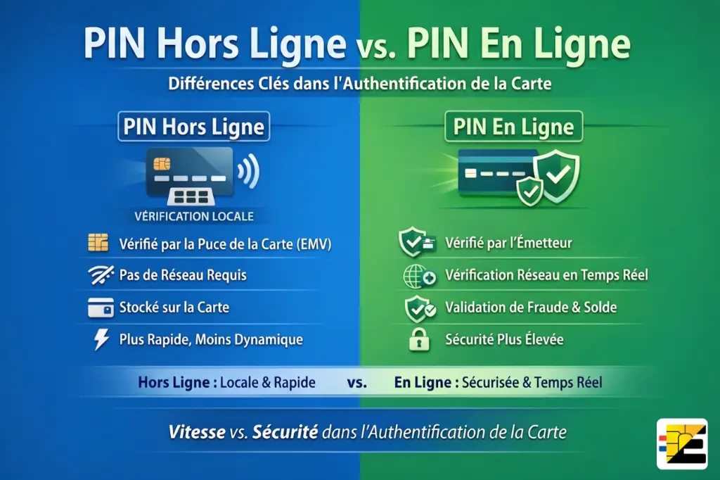PIN Hors Ligne vs PIN En Ligne : les différences clés dans l'authentification par carte bancaire Infographie comparant le PIN Hors Ligne (vérification locale par la puce EMV, sans réseau) et le PIN En Ligne (vérification par l'émetteur en temps réel via Internet, avec validation de fraude et sécurité renforcée).