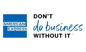 Logo American Express accompagné du slogan "Don't do business without it".