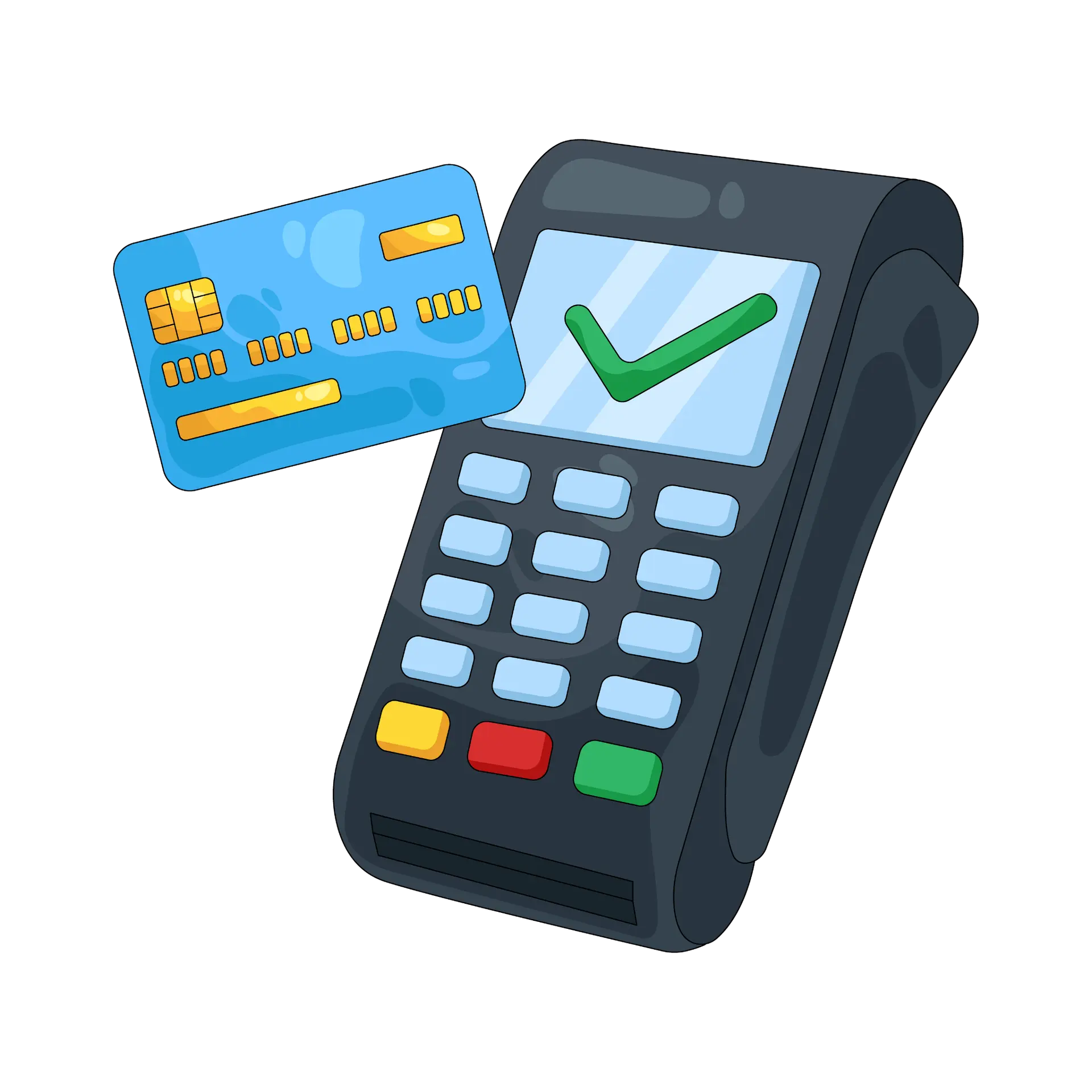 Illustration TPE mobile avec carte bancaire validée, zéro impayé, outil de gestion