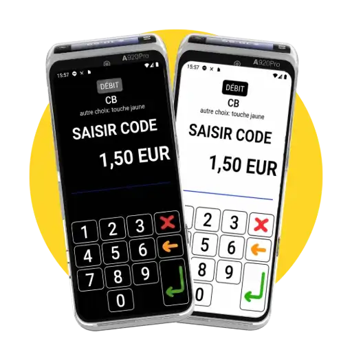 Aperçu du contraste personnalisable pour les personnes malvoyantes sur terminal de paiement Deux terminaux de paiement tactiles affichant le mode malvoyant avec clavier élargi et options de contraste élevé : blanc sur fond noir et noir sur fond blanc