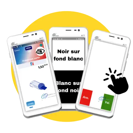 Fonctionnement du guidage vocal et tactile du mode non-voyant sur TPE Android Trois écrans de terminal de paiement illustrant le mode non-voyant : icône d'activation, menu de contraste et interface d'exploration tactile avec boutons de validation