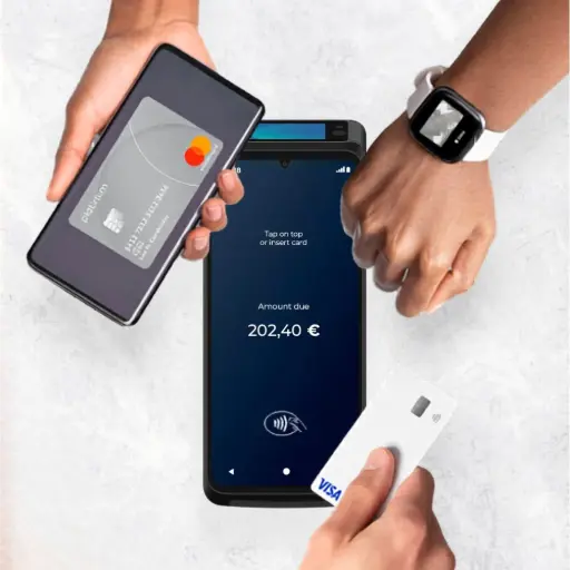 Castles Technology, leader européen du paiement. Équipez-vous dès aujourd'hui. Paiement sans contact avec TPE Castles S1F4 MAX DUO, carte Visa et montre connectée.