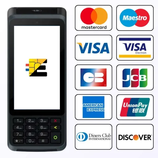 Acceptez toutes les cartes de paiement avec le S1F4 K. Demandez un devis personnalisé TPE Castles S1F4 K compatible Mastercard, Visa, CB, JCB, American Express, UnionPay, Maestro, Diners Club et Discover