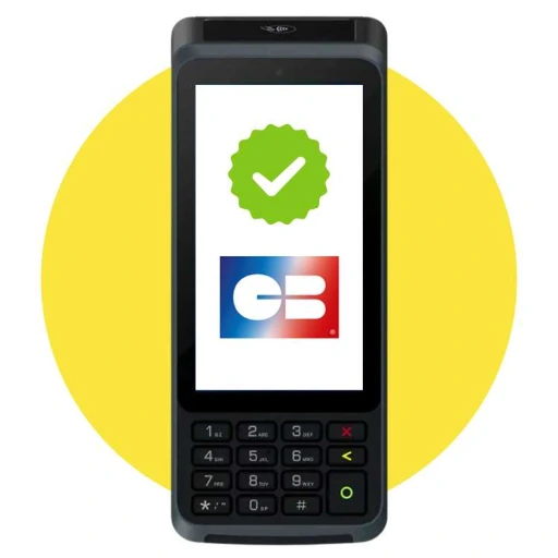 Gamme Saturn certifiée CB : sécurité et compatibilité bancaire totale. Commandez votre S1F4 K TPE Castles S1F4 K gamme Saturn certifié GIE Cartes Bancaires CB avec badge de validation sécurité sur fond jaune