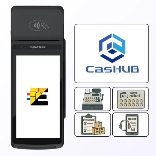 Boostez votre activité et vos encaissements avec l'écosystème CasHUB. Écosystème CasHUB sur terminal Android S1F3 CT : caisse, fidélité et inventaire