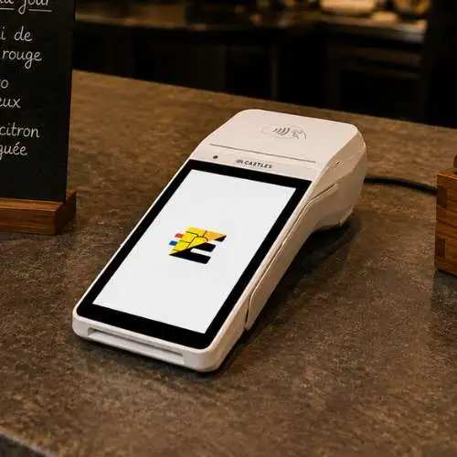 Équipez votre boutique avec un terminal sur-mesure. Contactez notre équipe ! TPE de comptoir Castles S1F3 CT installé sur le comptoir d'un commerce de détail