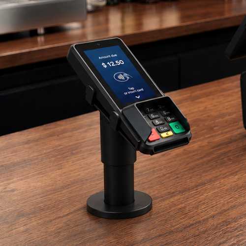 S1P2 : le pinpad idéal pour la distribution, l'hôtellerie et la santé. Commandez maintenant ! Terminal Castles S1P2 sur socle comptoir en restauration, pinpad semi-intégré retail et hôtellerie