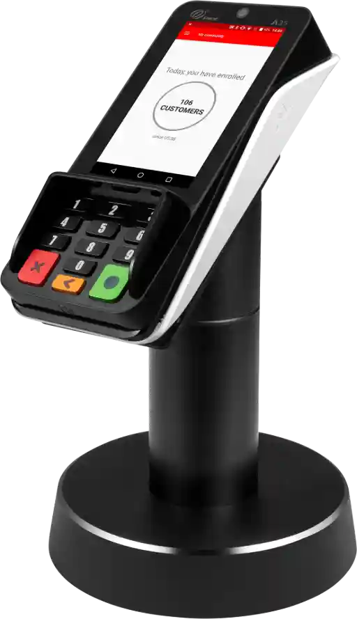 Terminal de paiement Android PAX A35 noir installé sur son support de fixation de comptoir