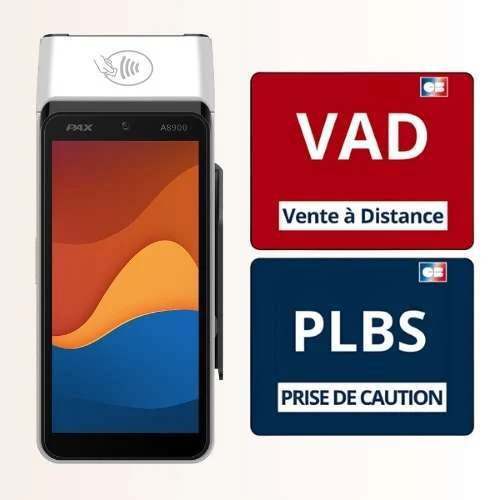 Terminal de paiement PAX A8900 avec fonctions VAD vente à distance et PLBS prise de caution incluses