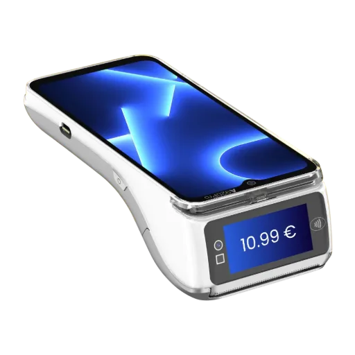 Terminal de paiement mobile PAX A920 Pro ICONIC blanc, montrant son grand écran tactile principal et son écran afficheur client indiquant un montant