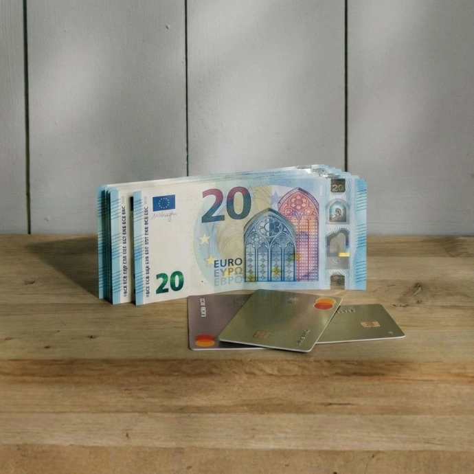 Représentation visuelle de la trésorerie d'un commerce avec des billets d'euros et des cartes de paiement superposés sur un fond en bois.