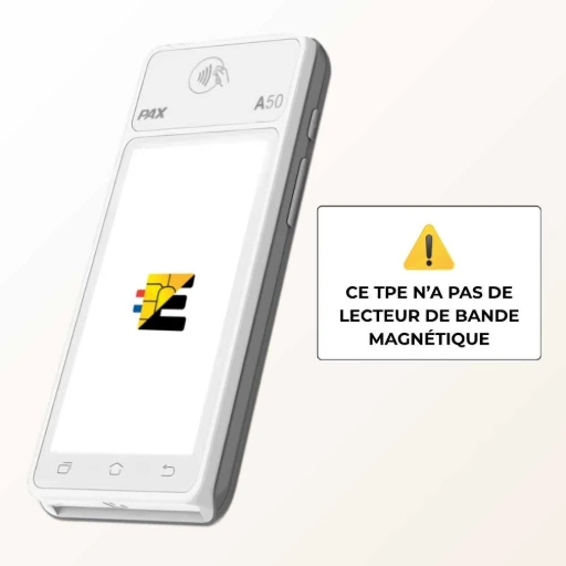 L'image présente le PAX A50 en mettant en avant que le terminal ne dispose pas de lecteur de bande magnétique.