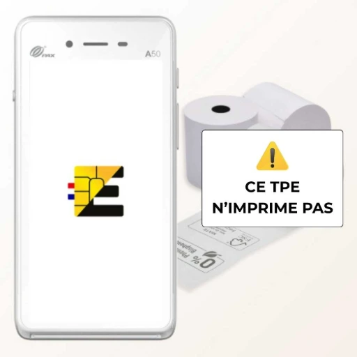 L'image montre le terminal PAX A50, avec un message indiquant que le terminal ne dispose pas d'imprimante pour les tickets de caisse.