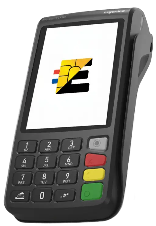 Ingenico Move 5000 avec logo E-MONÉTIQUE illustrant le mode économie d'énergie et l'entretien régulier du terminal.
