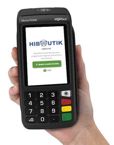 Encaissement simplifié : l'application Hiboutik directement intégrée dans le TPE Ingenico Move 5000. Terminal de paiement Ingenico Move 5000 affichant l'application de caisse Hiboutik intégrée pour une connexion directe.